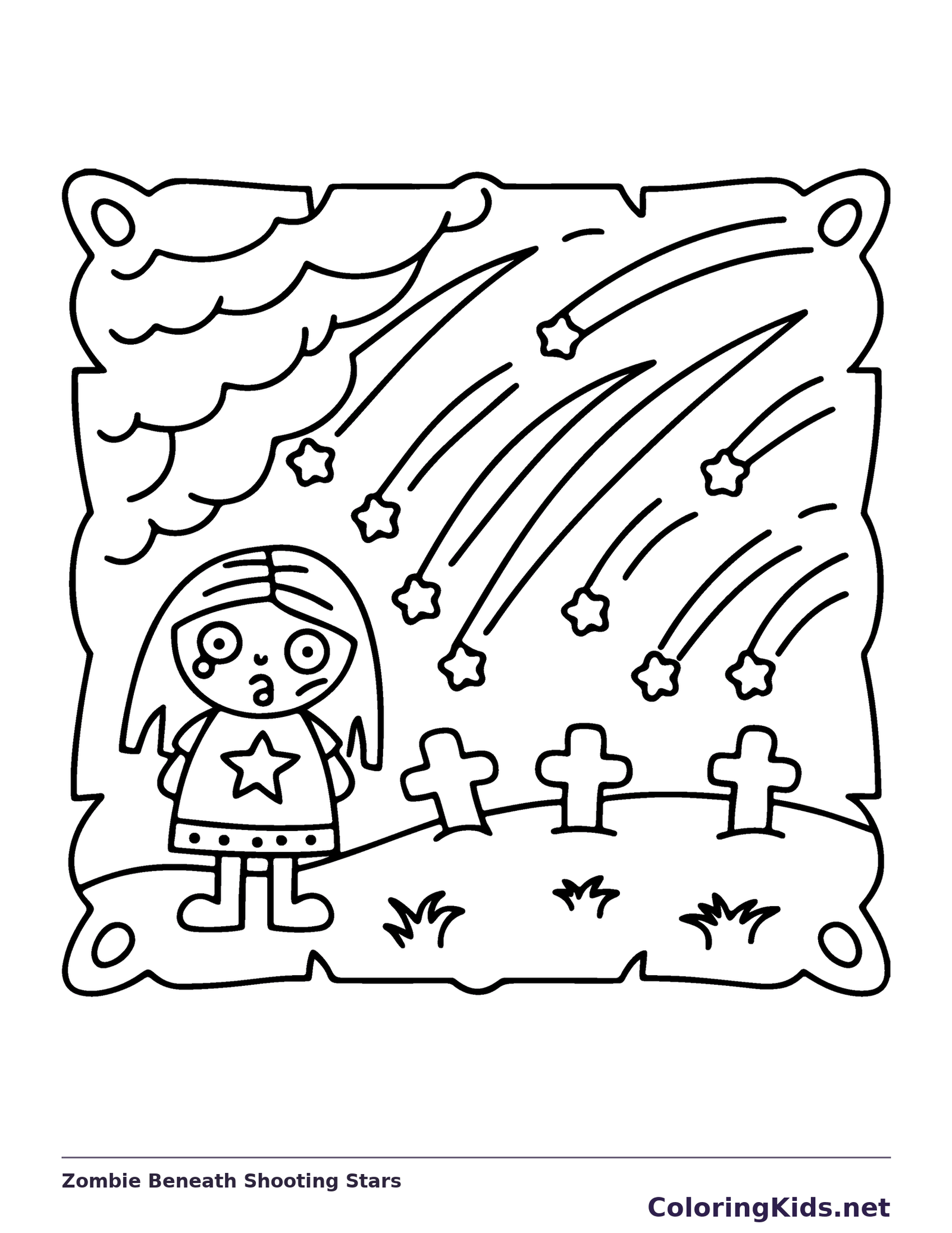 Zombie Beneath Shooting Stars coloring page, black and white printable line art