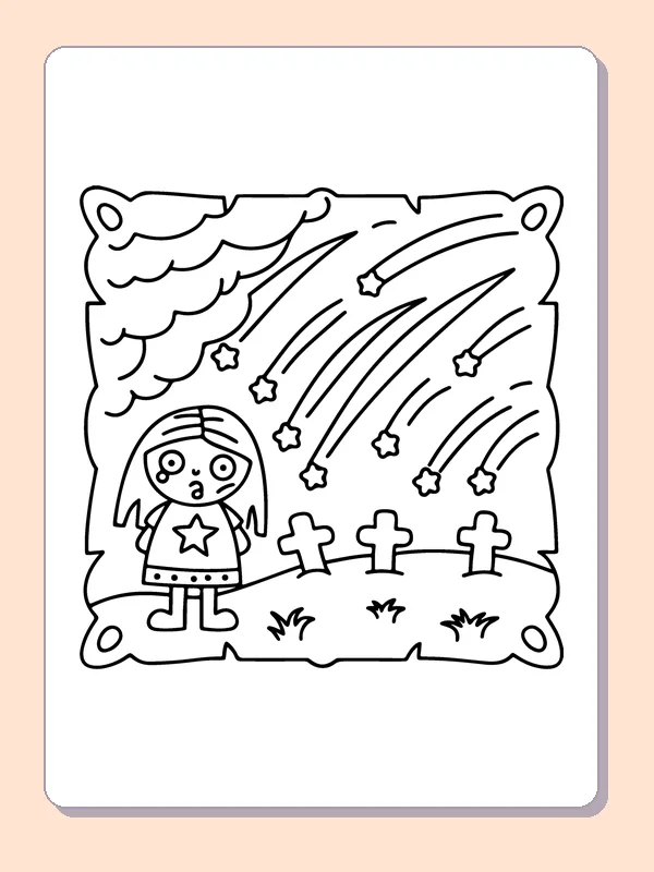 Zombie Beneath Shooting Stars coloring page, black and white printable line art
