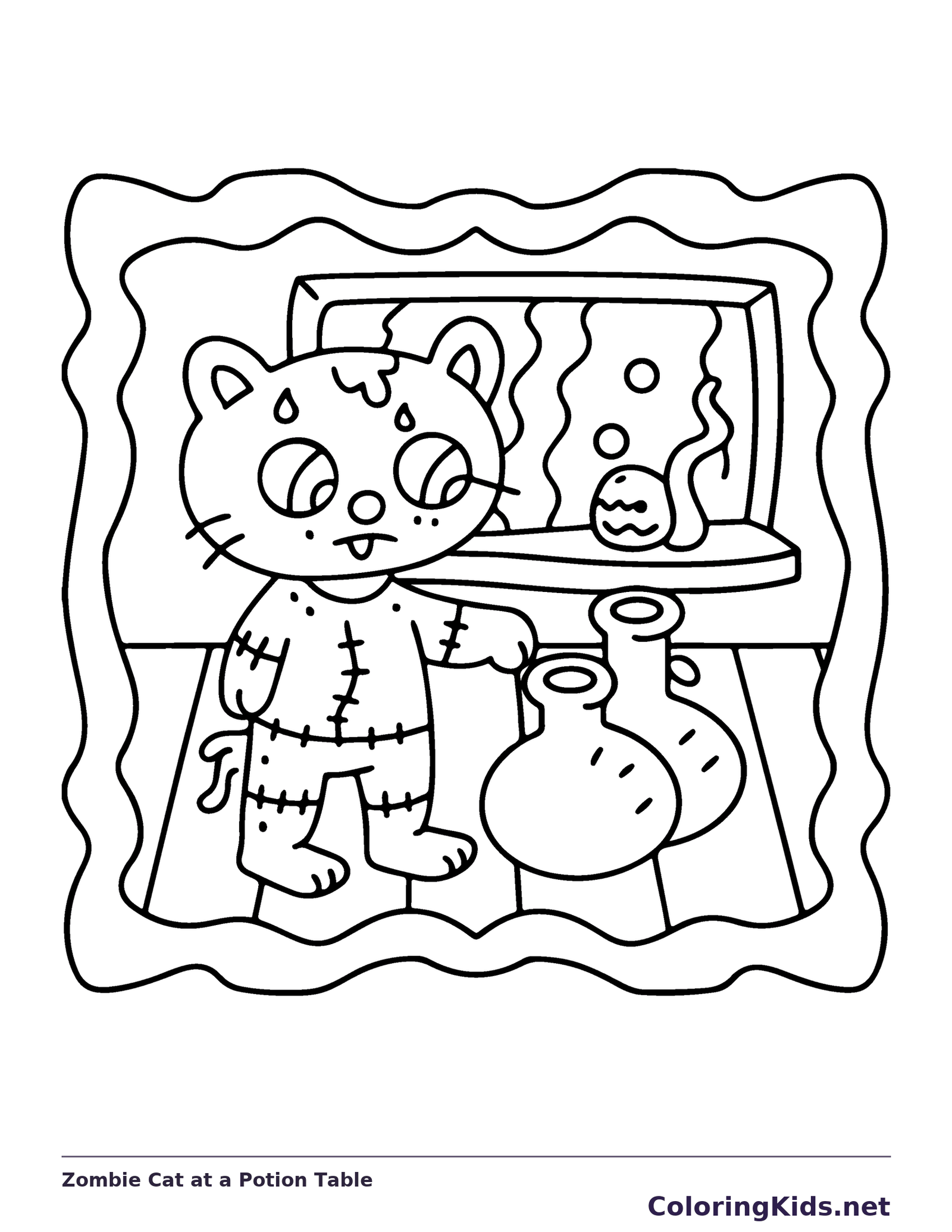 Zombie Cat at a Potion Table coloring page, black and white printable line art