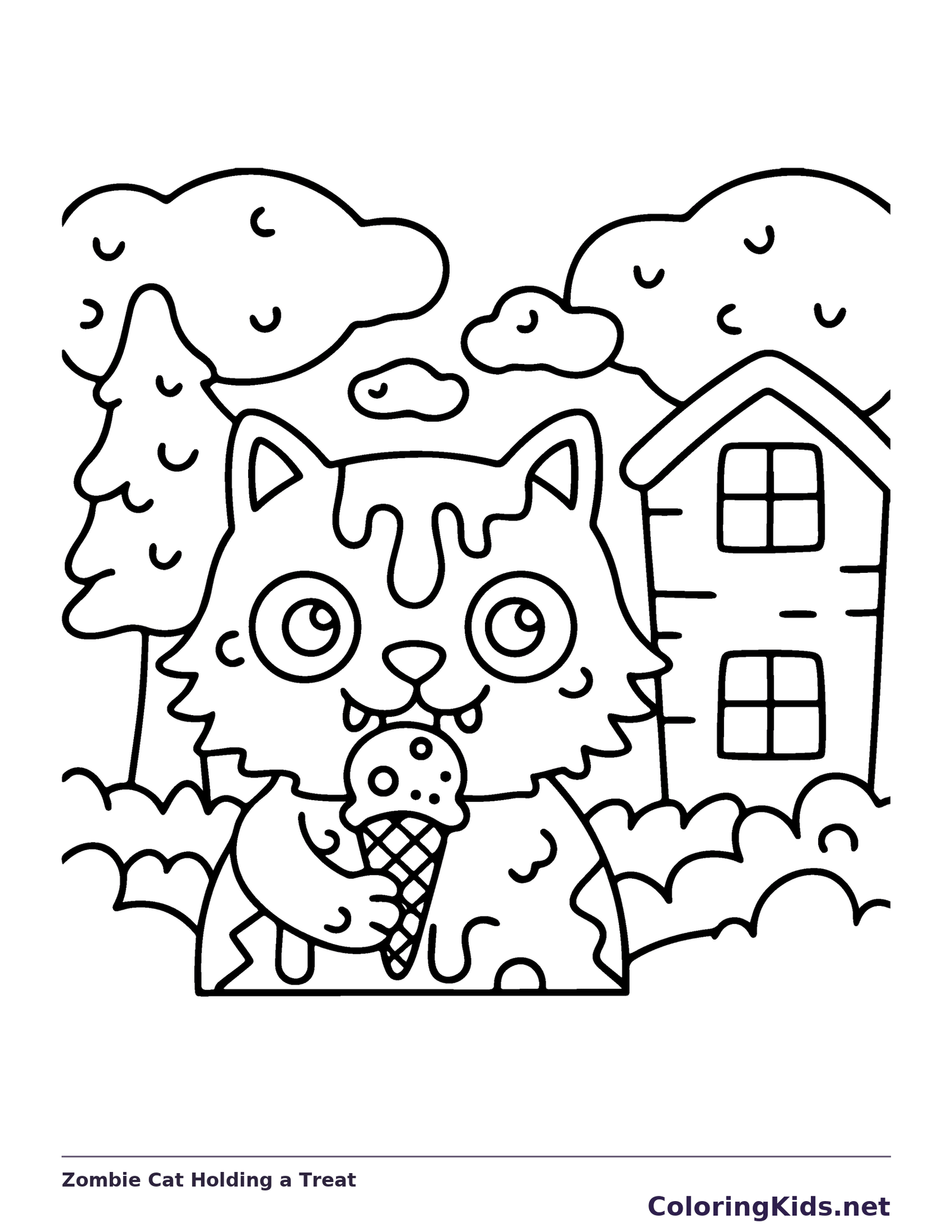 Zombie Cat Holding a Treat coloring page, black and white printable line art