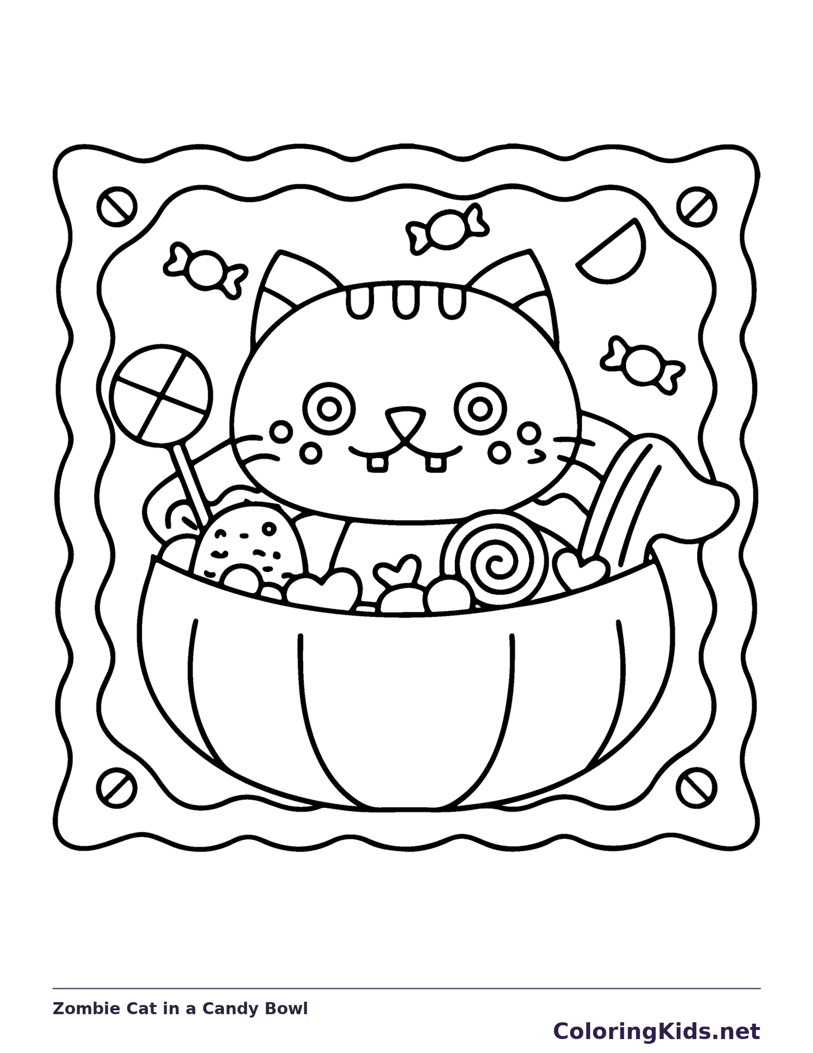 Zombie Cat in a Candy Bowl coloring page, black and white printable line art