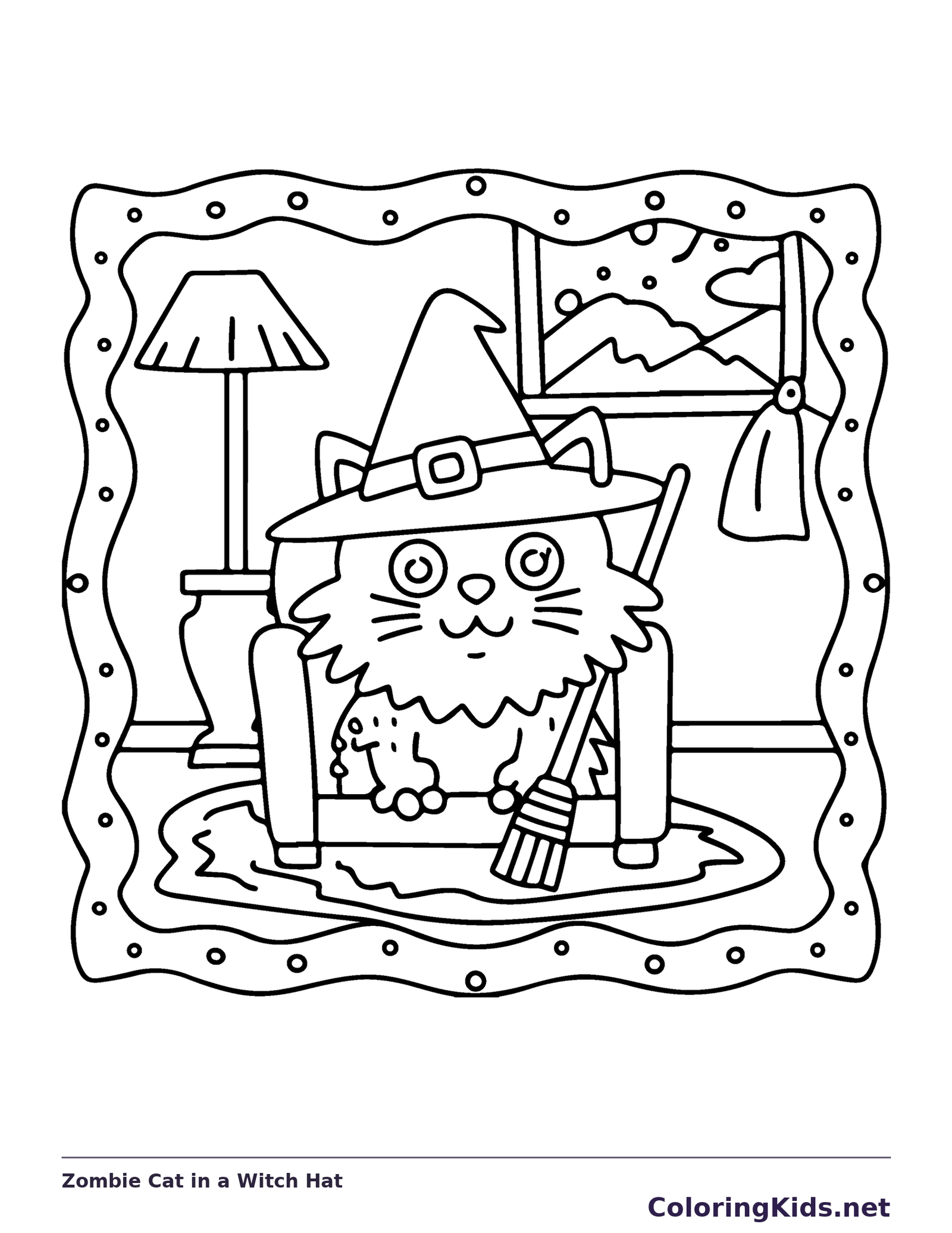 Zombie Cat in a Witch Hat coloring page, black and white printable line art