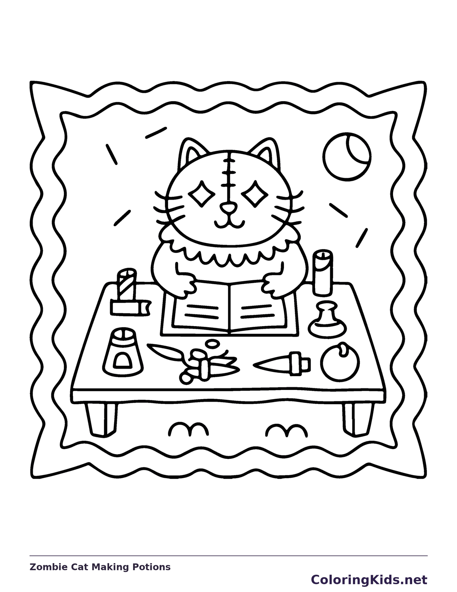 Zombie Cat Making Potions coloring page, black and white printable line art