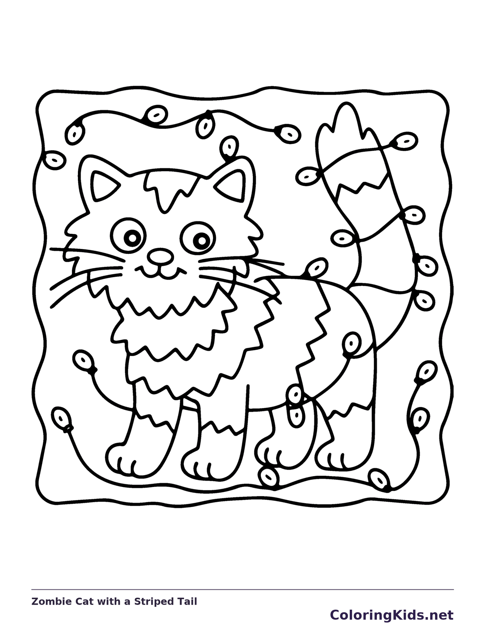 Zombie Cat with a Striped Tail coloring page, black and white printable line art