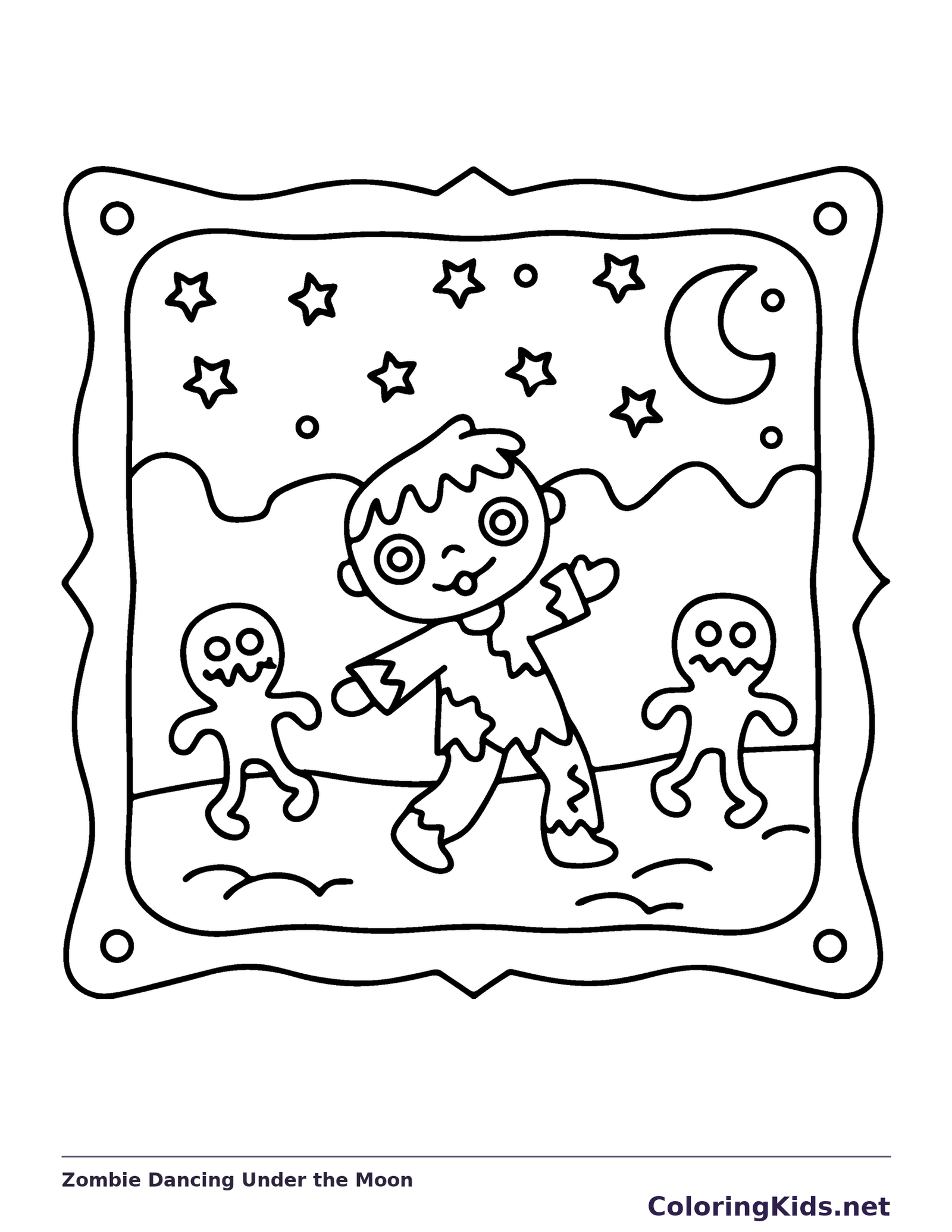 Zombie Dancing Under the Moon coloring page, black and white printable line art