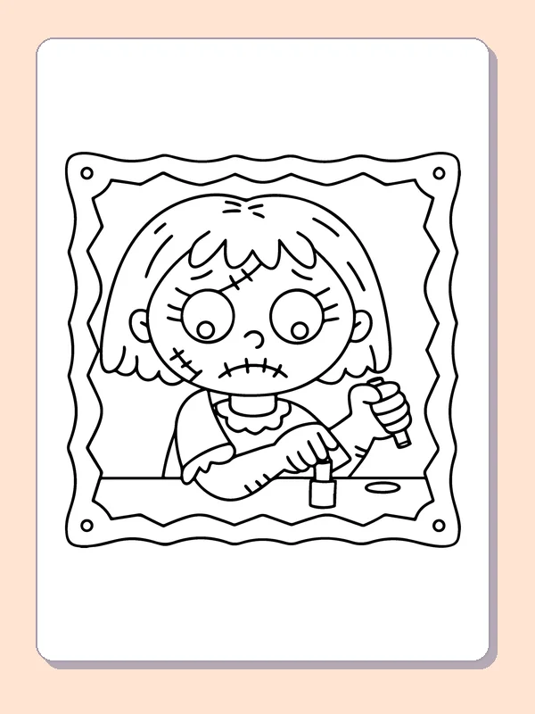 Zombie Drawing at a Desk coloring page, black and white printable line art