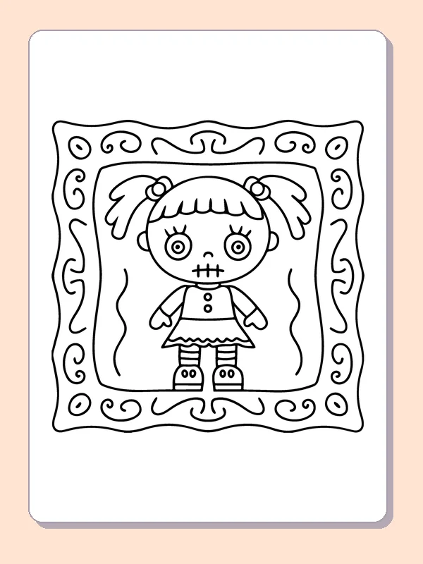 Zombie Girl in a Decorative Frame coloring page, black and white printable line art