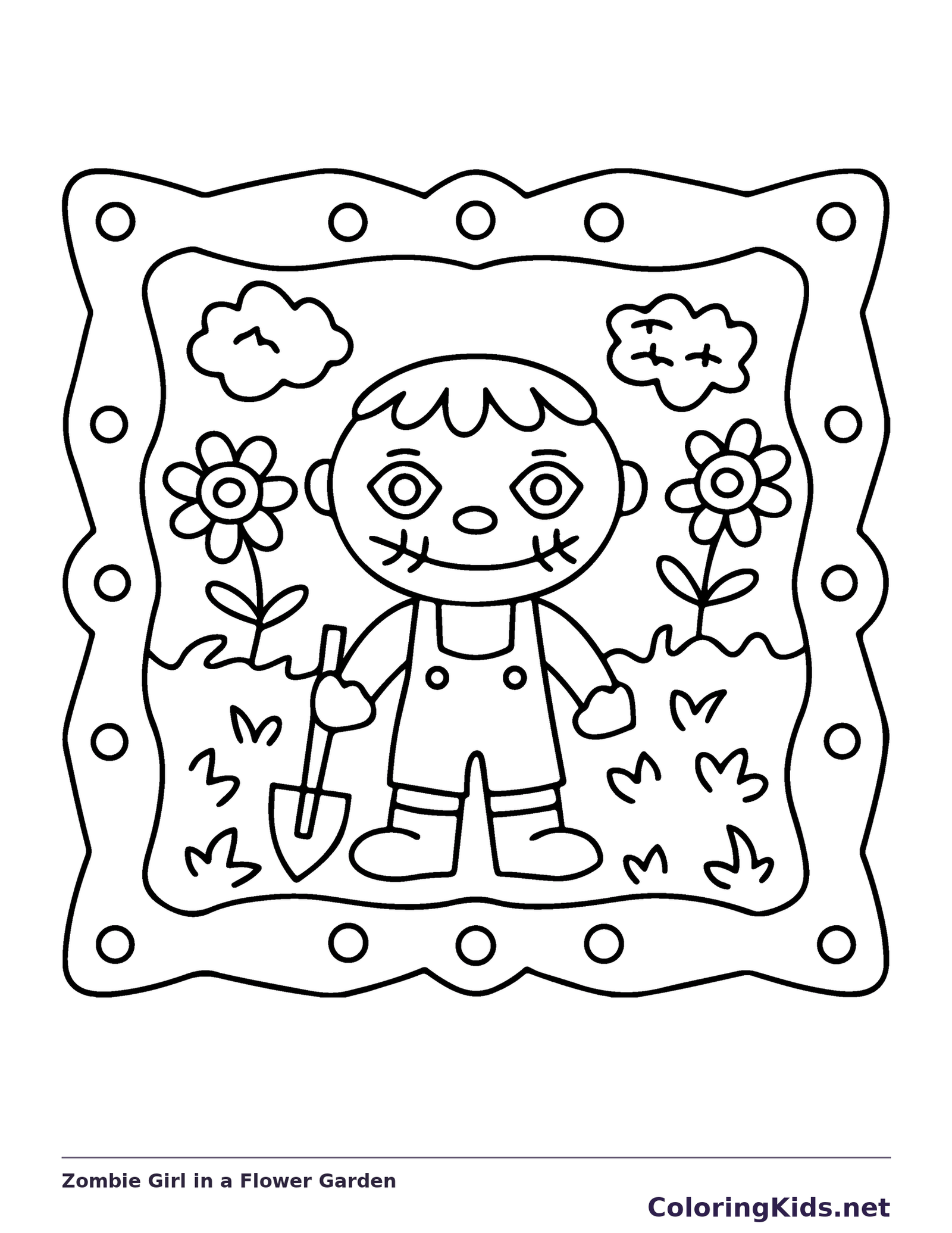 Zombie Girl in a Flower Garden coloring page, black and white printable line art
