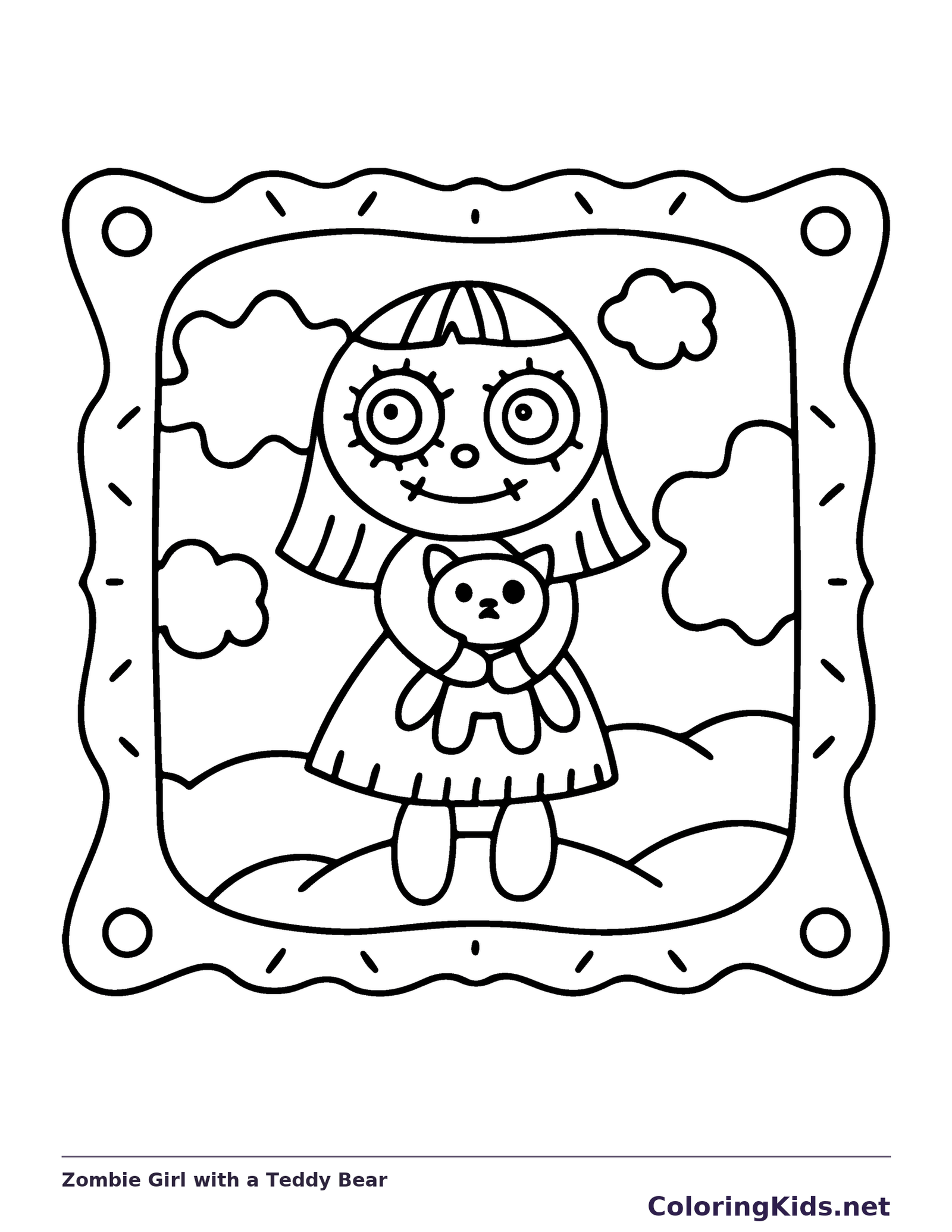 Zombie Girl with a Teddy Bear coloring page, black and white printable line art