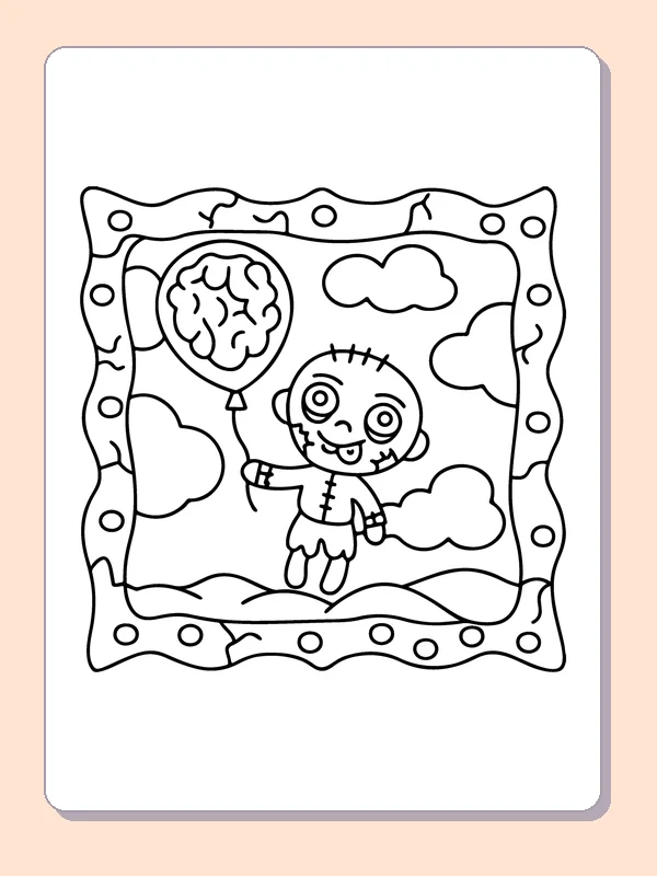 Zombie Holding a Brain Balloon coloring page, black and white printable line art