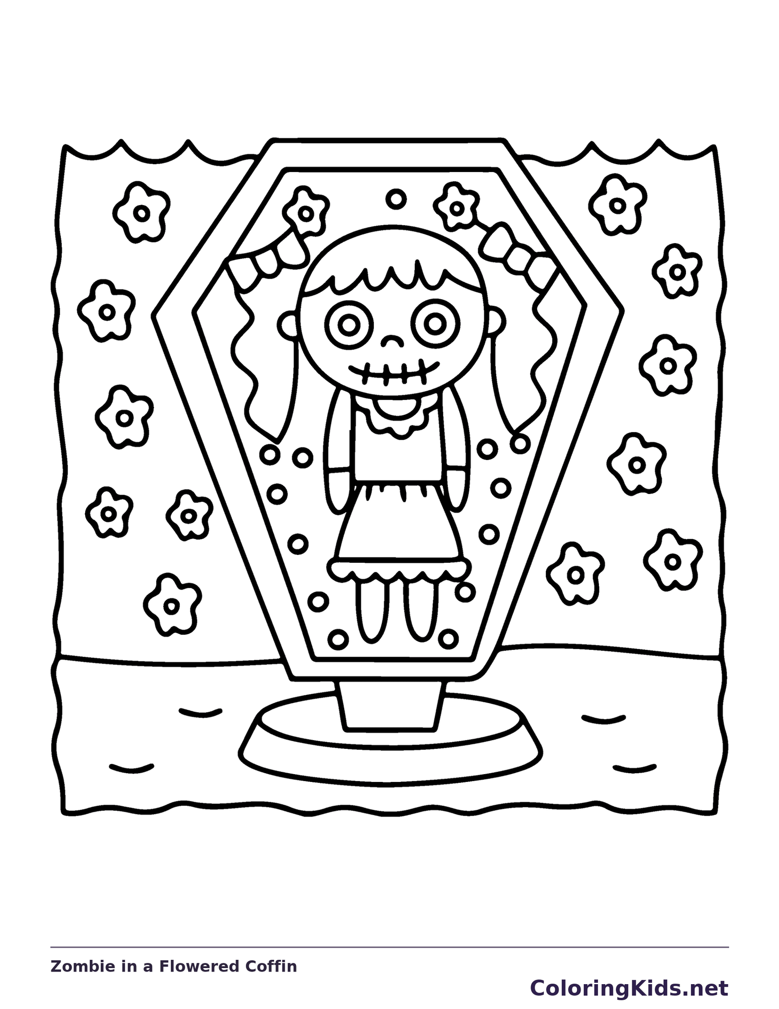 Zombie in a Flowered Coffin coloring page, black and white printable line art