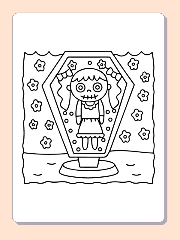Zombie in a Flowered Coffin coloring page, black and white printable line art
