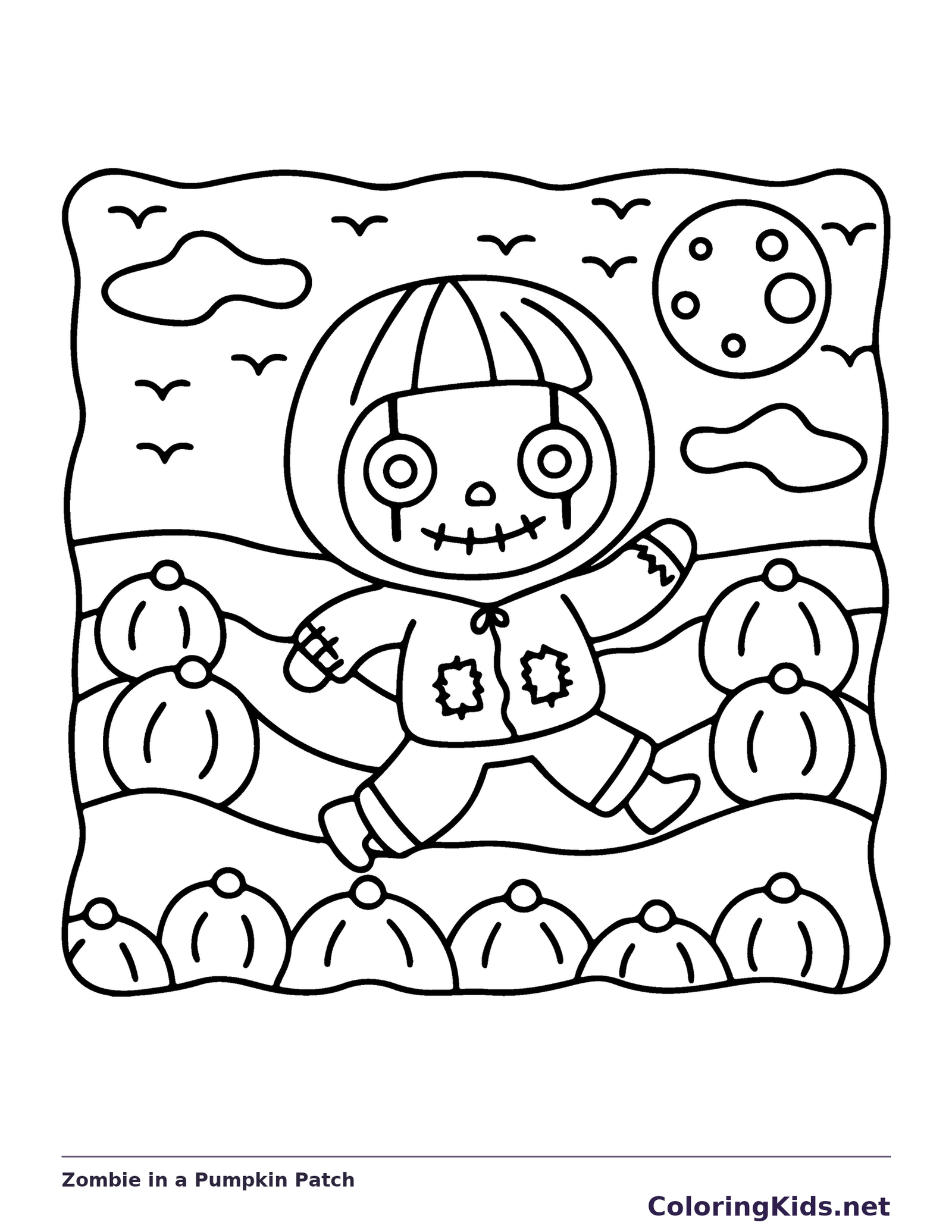 Zombie in a Pumpkin Patch coloring page, black and white printable line art