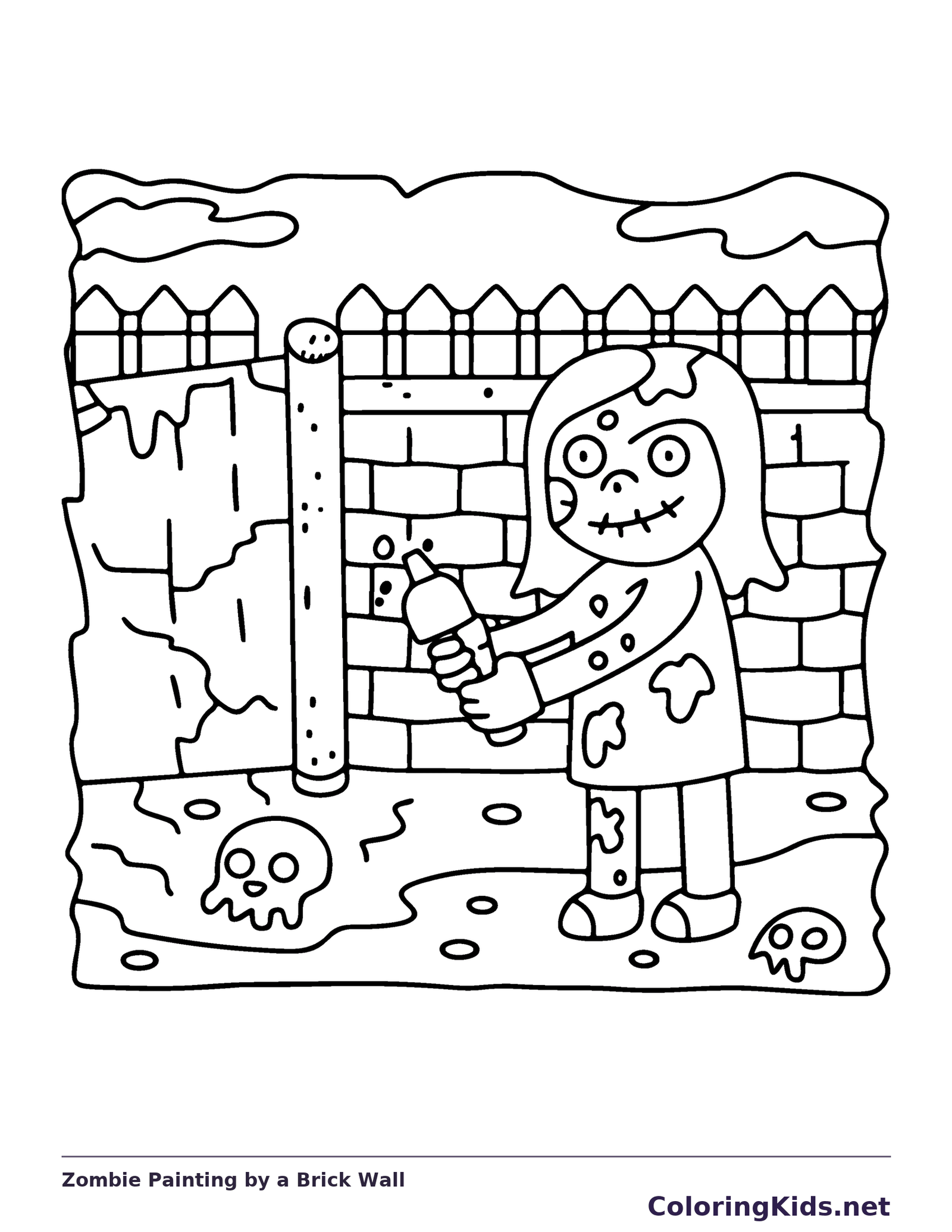 Zombie Painting by a Brick Wall coloring page, black and white printable line art