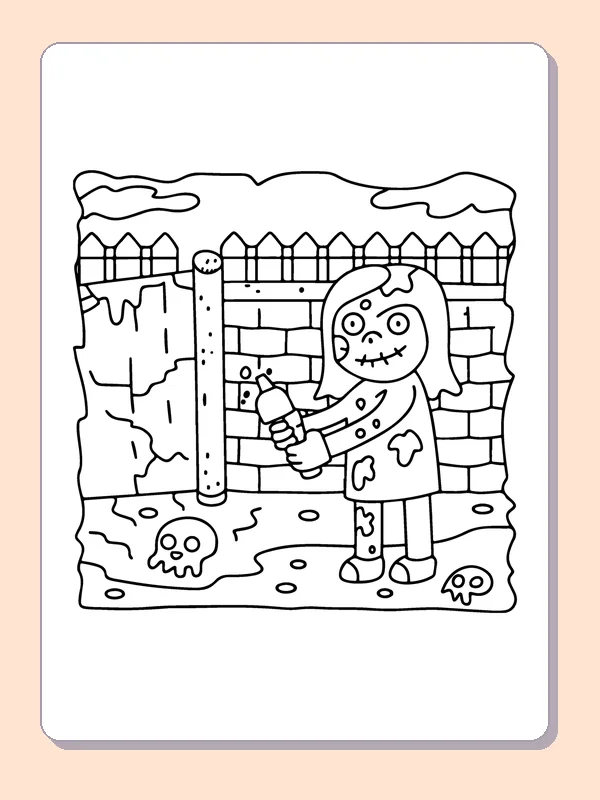 Zombie Painting by a Brick Wall coloring page, black and white printable line art