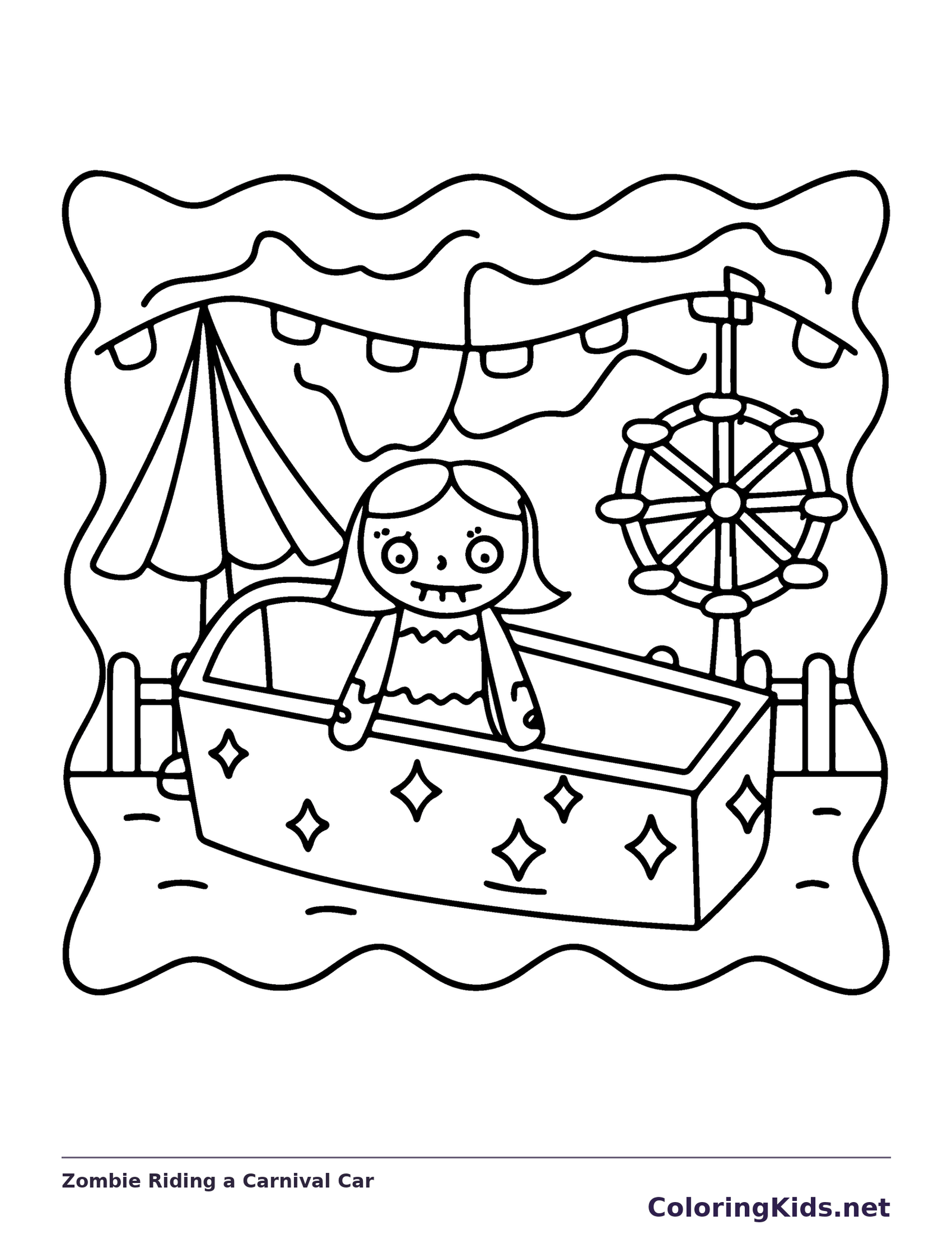 Zombie Riding a Carnival Car coloring page, black and white printable line art