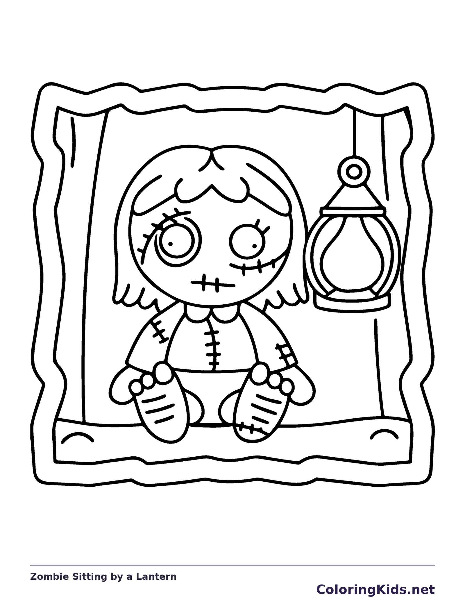 Zombie Sitting by a Lantern coloring page, black and white printable line art