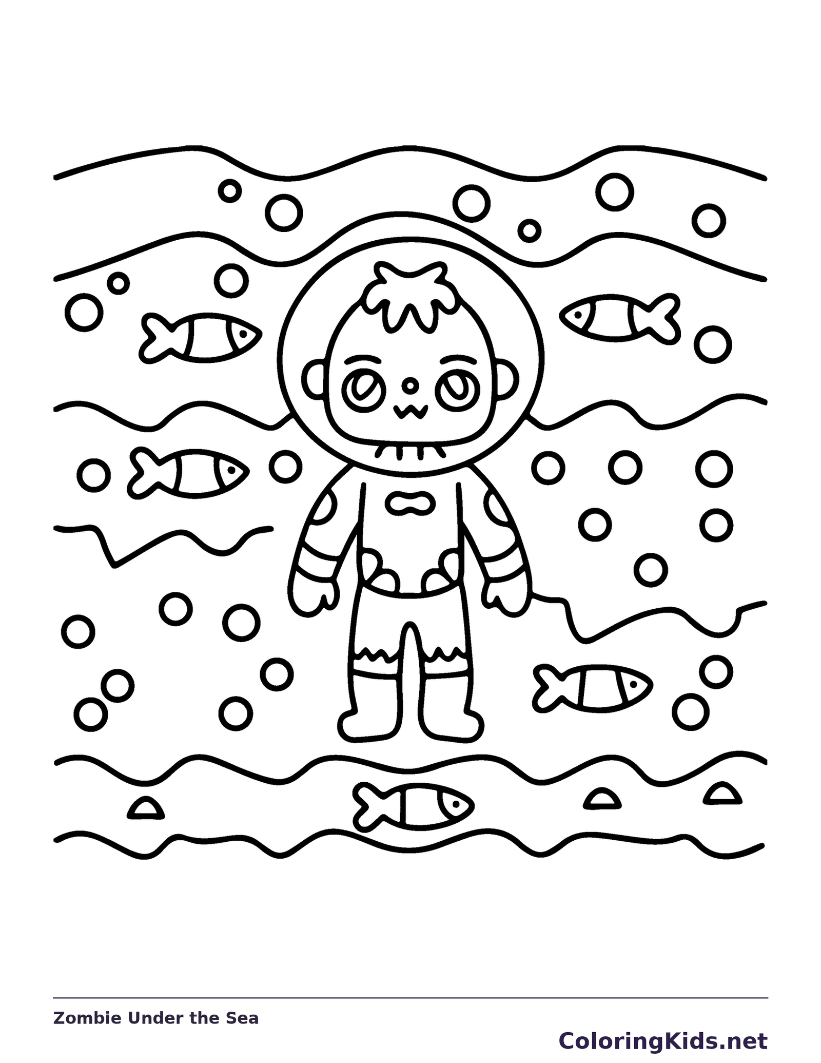 Zombie Under the Sea coloring page, black and white printable line art