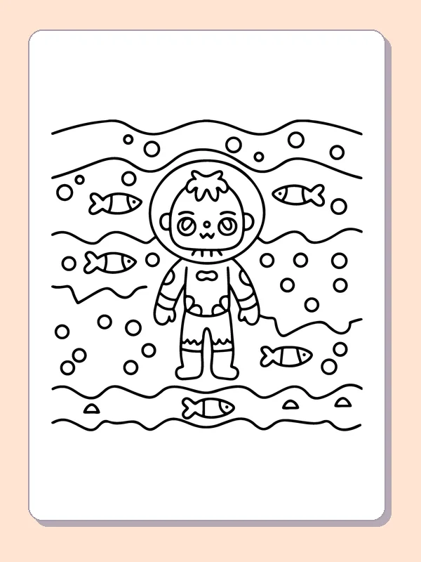 Zombie Under the Sea coloring page, black and white printable line art