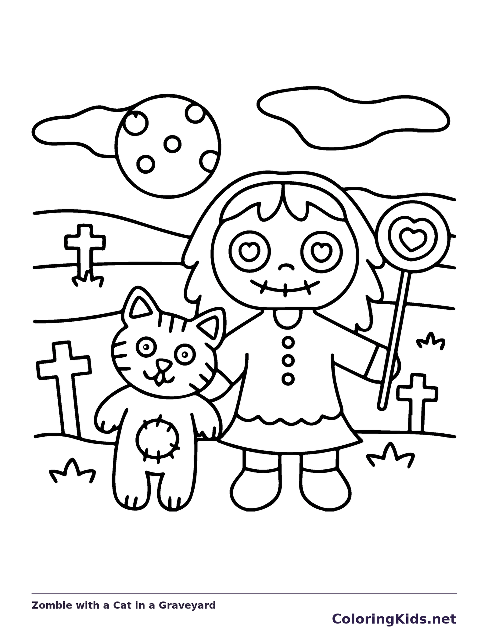 Zombie with a Cat in a Graveyard coloring page, black and white printable line art