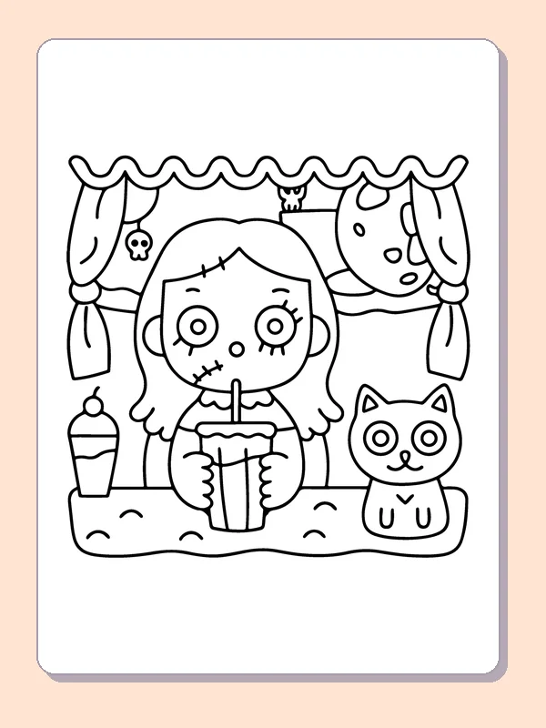 Zombie with an Owl and Candle coloring page, black and white printable line art
