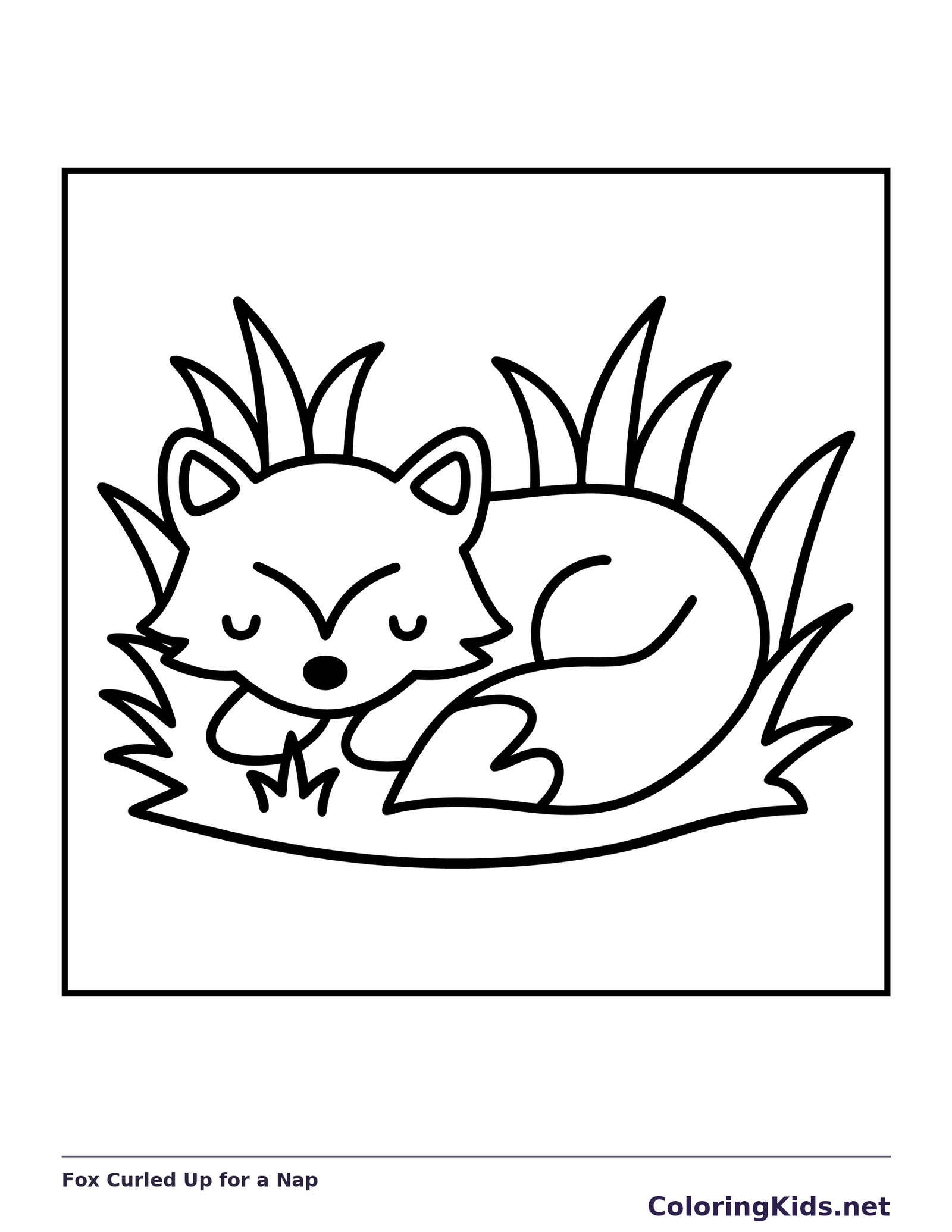 Fox curled asleep among grass
