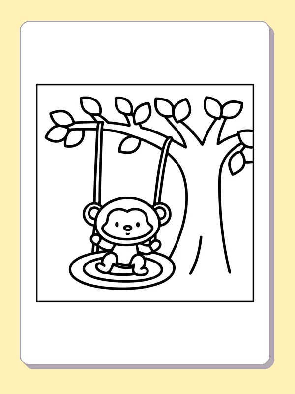 Monkey sitting on a hanging ring below a leafy tree