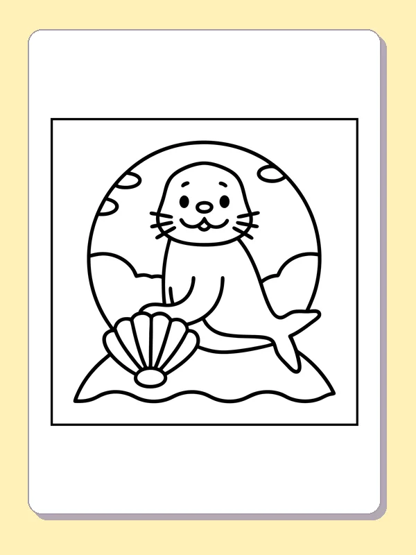 Seal beside a shell in a round sea scene